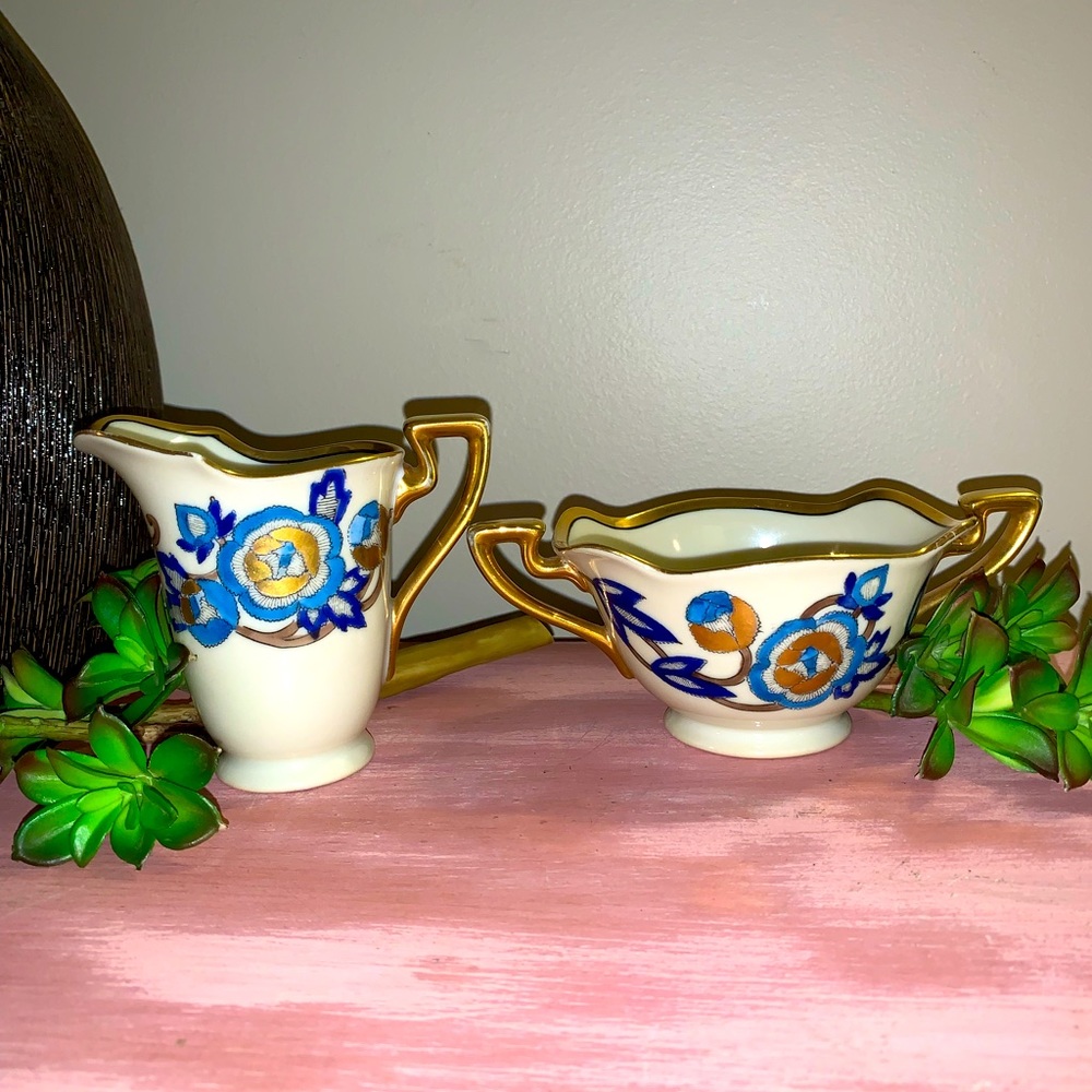 Noritake Rare Blue Hand Painted Sugar Bowl and Creamer Set 1934-1941